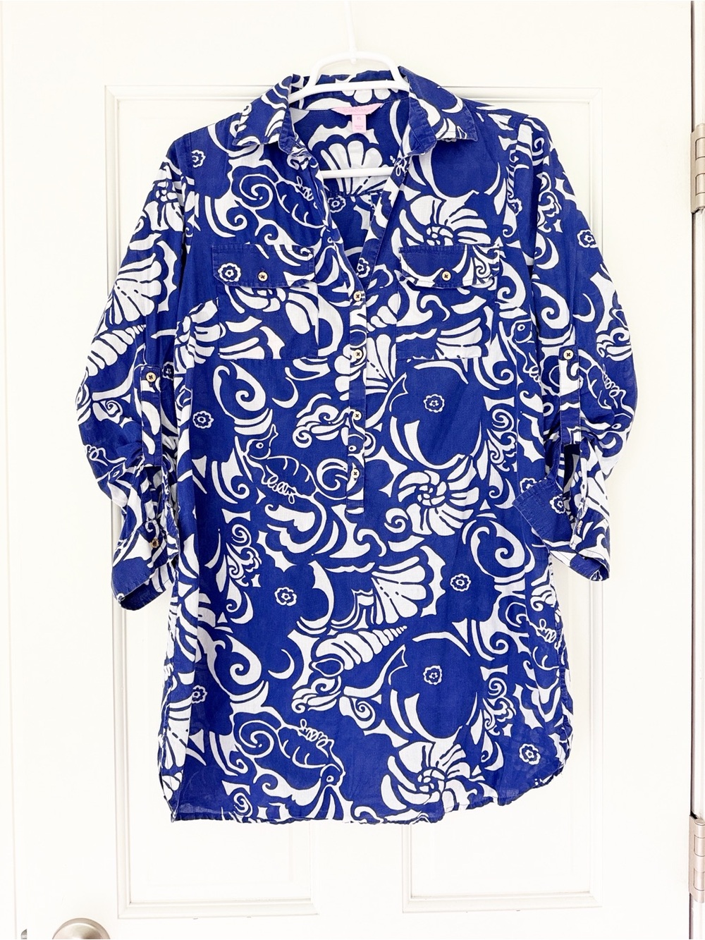 LILLY PULITZER tunic top size XS blue white cotton shirt
